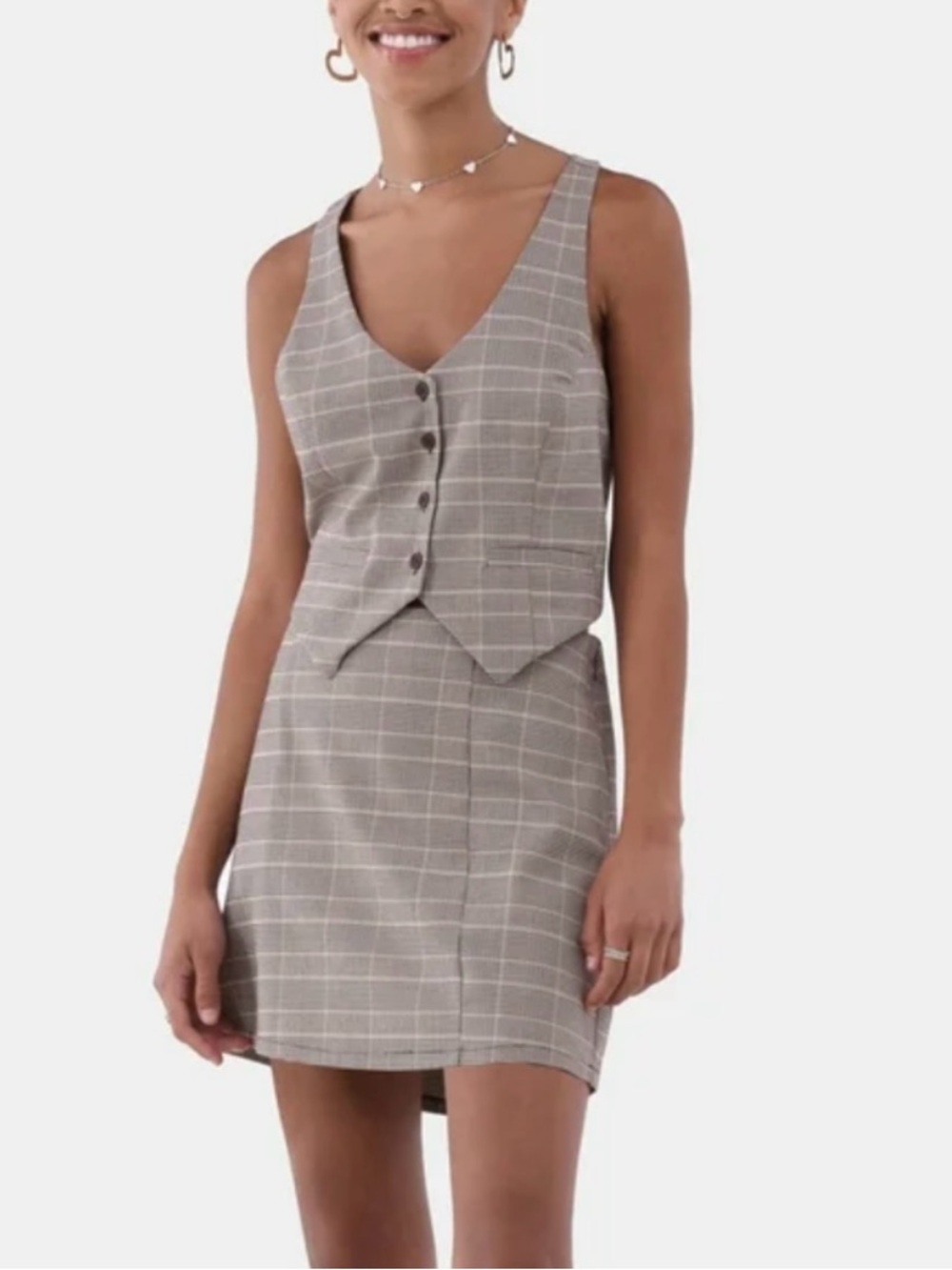 No boundaries Plaid Two-Piece Vest and Skirt Set - Tan/Grey